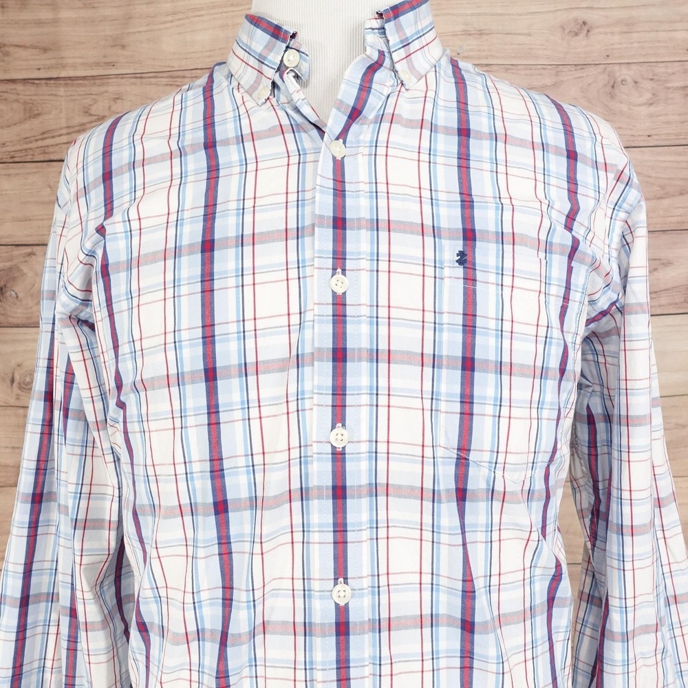 IZOD Shirt Mens L White Plaid Long Sleeve Button-Up Regular Fit Casual Pocket